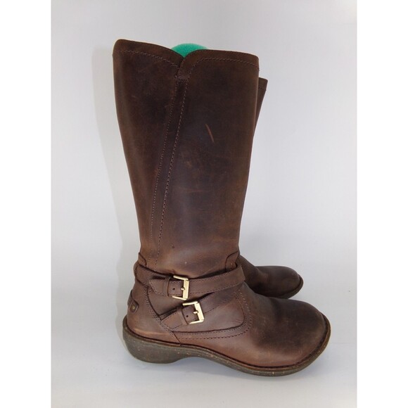UGG Brown Leather Tall Buckle Wool Lined Warm Winter Rosen Riding Boots Size 8 - Picture 1 of 10